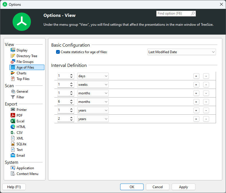 TreeSize main window options fpr age of files