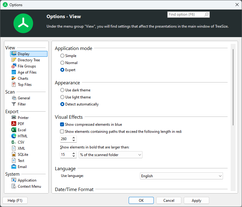 TreeSize main window display options